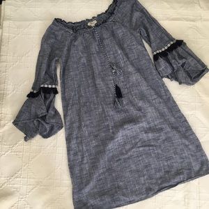 Style&Co CHAMBRAY Boho DRESS Bell Sleeve Tassel M